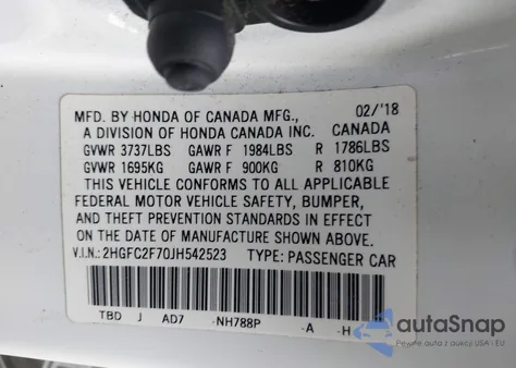 2018 Honda Civic Ex из США, поврежденный, VIN 2HGFC2F70JH542523